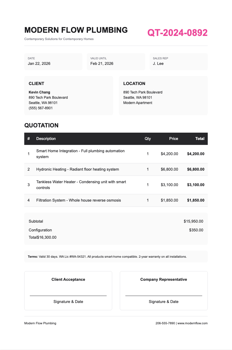 Sleek modern plumbing quotation